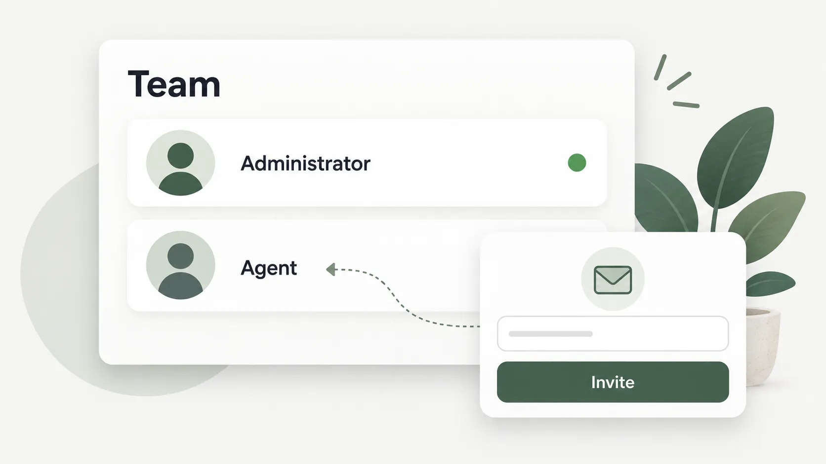 ภาพจำลองทีมที่มีบทบาท Administrator และ Agent พร้อมแบบฟอร์มเชิญสมาชิก