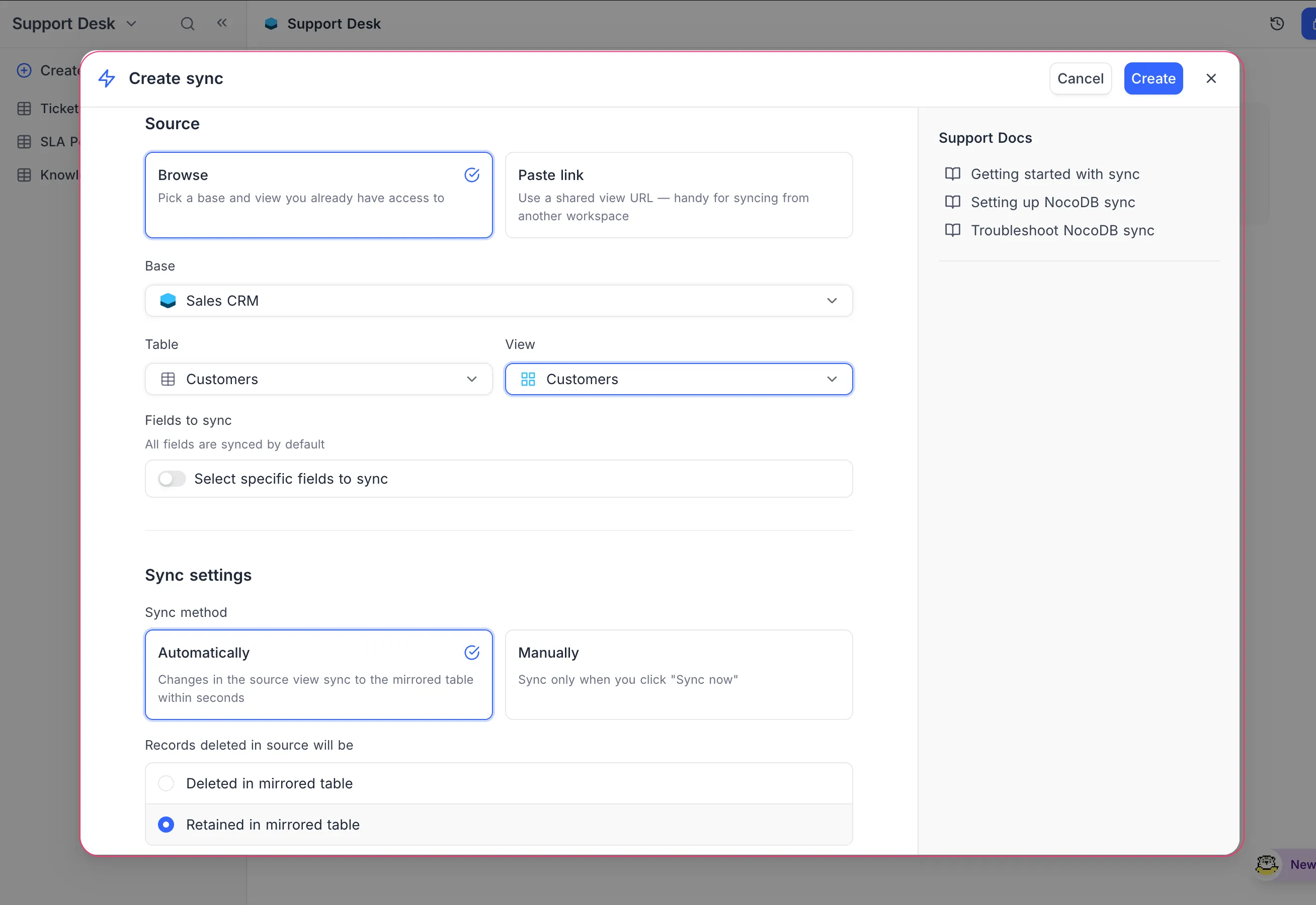 หน้าต่าง Create sync ในโหมด Browse เลือก Base, Table และ View พร้อมวิธีอัปเดตและตัวเลือกเมื่อข้อมูลถูกลบ