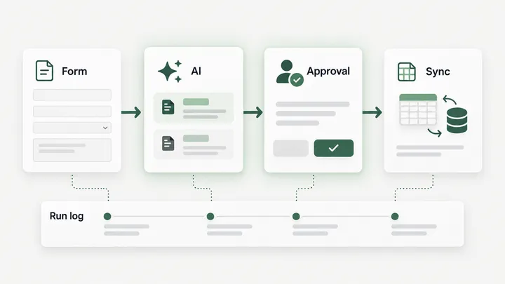 A form connects to AI, human approval, and system sync, with a log of each workflow stage