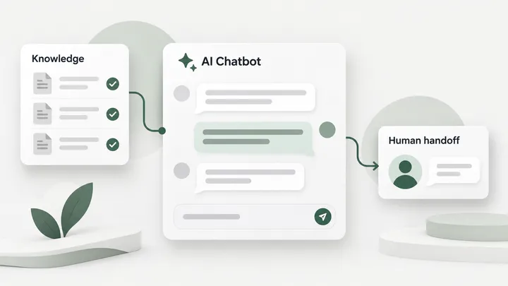 Reviewed knowledge feeds an AI chatbot, with complex conversations handed to a human agent