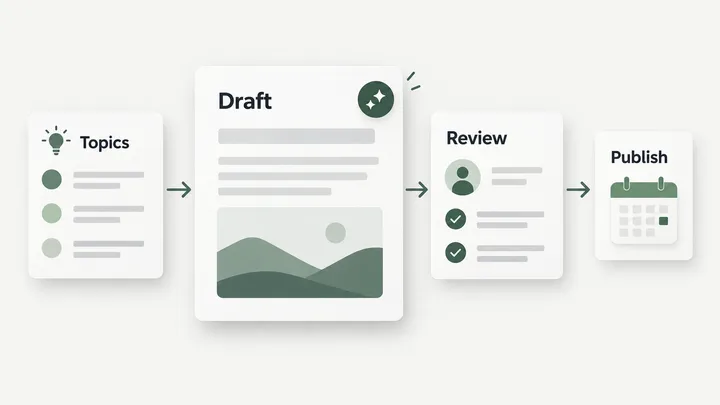 A content pipeline moves from topics to an illustrated draft, editorial review, and publishing