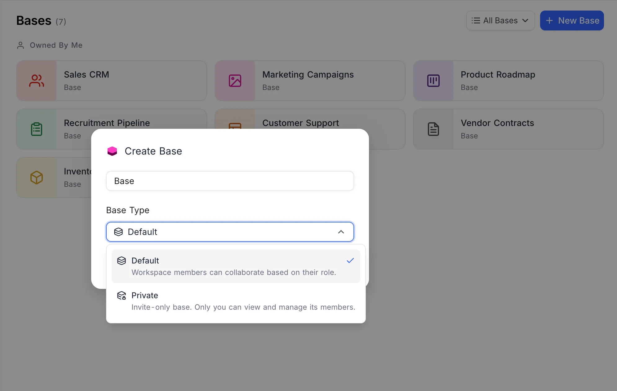 หน้าต่าง Create Base สำหรับตั้งชื่อและเลือก Base Type เป็น Default หรือ Private