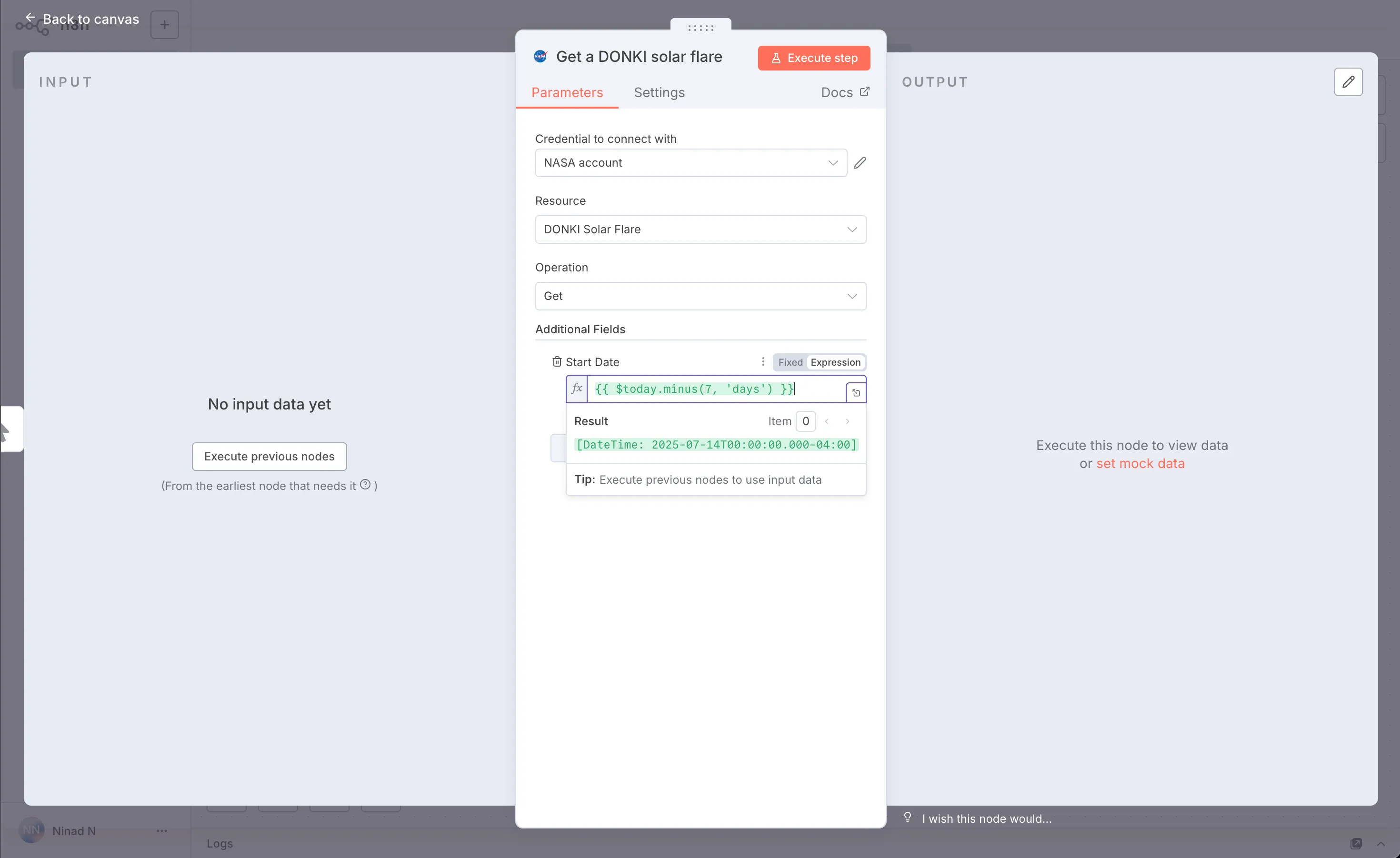 หน้าตั้งค่า NASA node ของ n8n แสดง Expression ของ Start Date ใช้ $today.minus และผลลัพธ์ DateTime