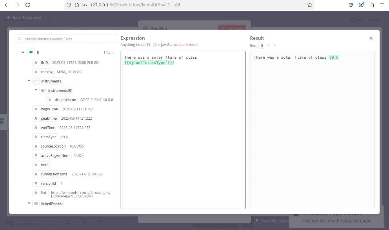 Expression editor ของ n8n แสดงการแทรกค่าจาก JSON ลงในข้อความและตรวจผลลัพธ์