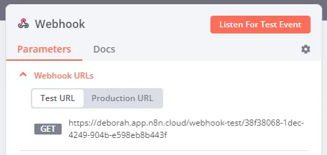หน้าตั้งค่า Webhook ของ n8n แสดงแท็บ Test URL และ Production URL และปุ่ม Listen For Test Event