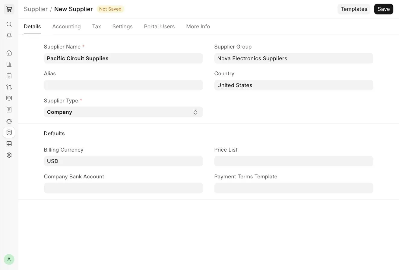 New Supplier form