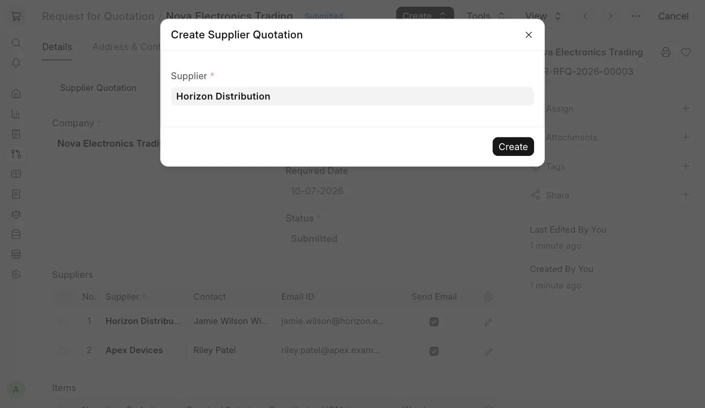 Create Supplier Quotation dialog