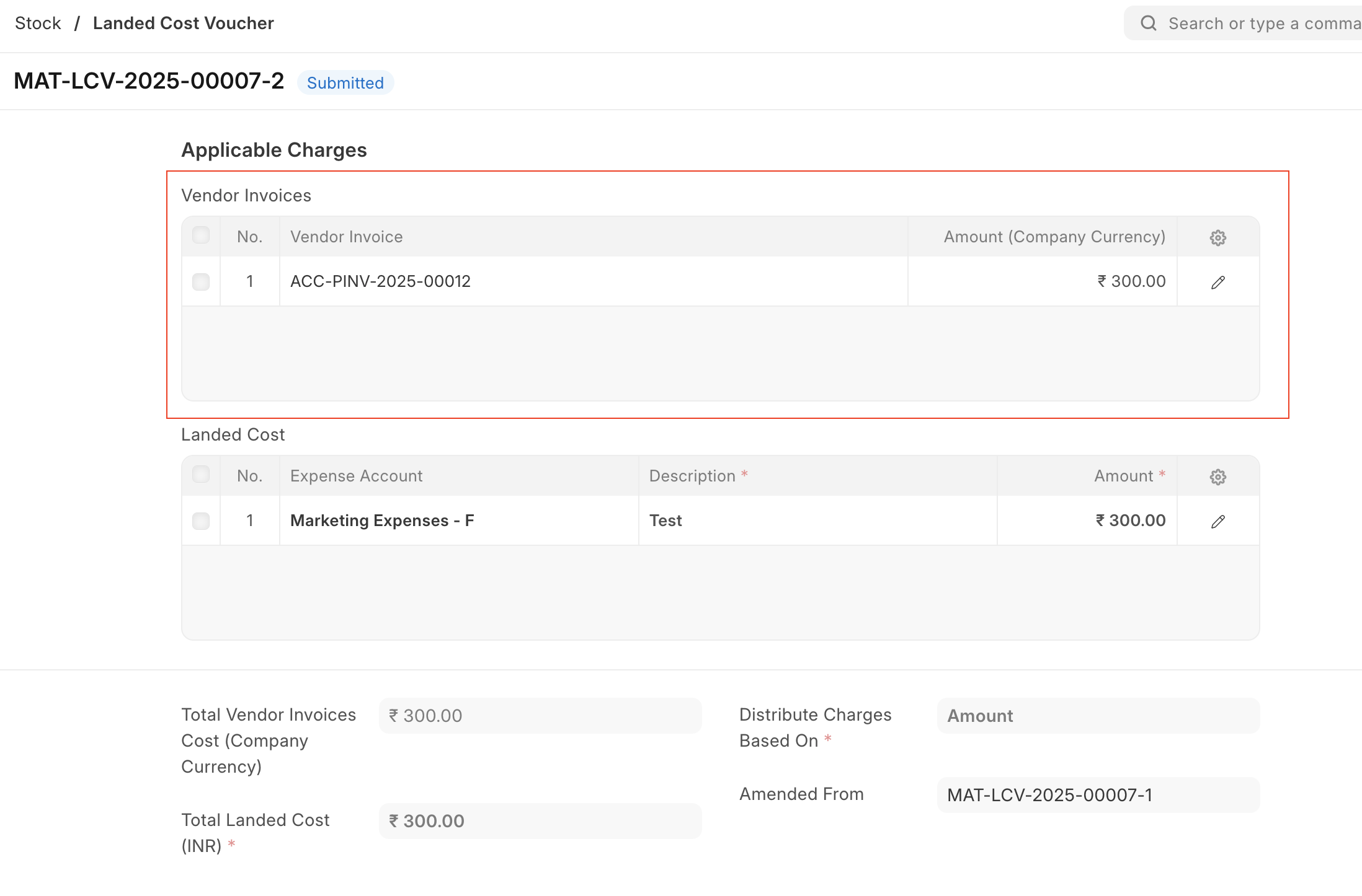 ภาพประกอบ Landed Cost Voucher จาก ERPNext