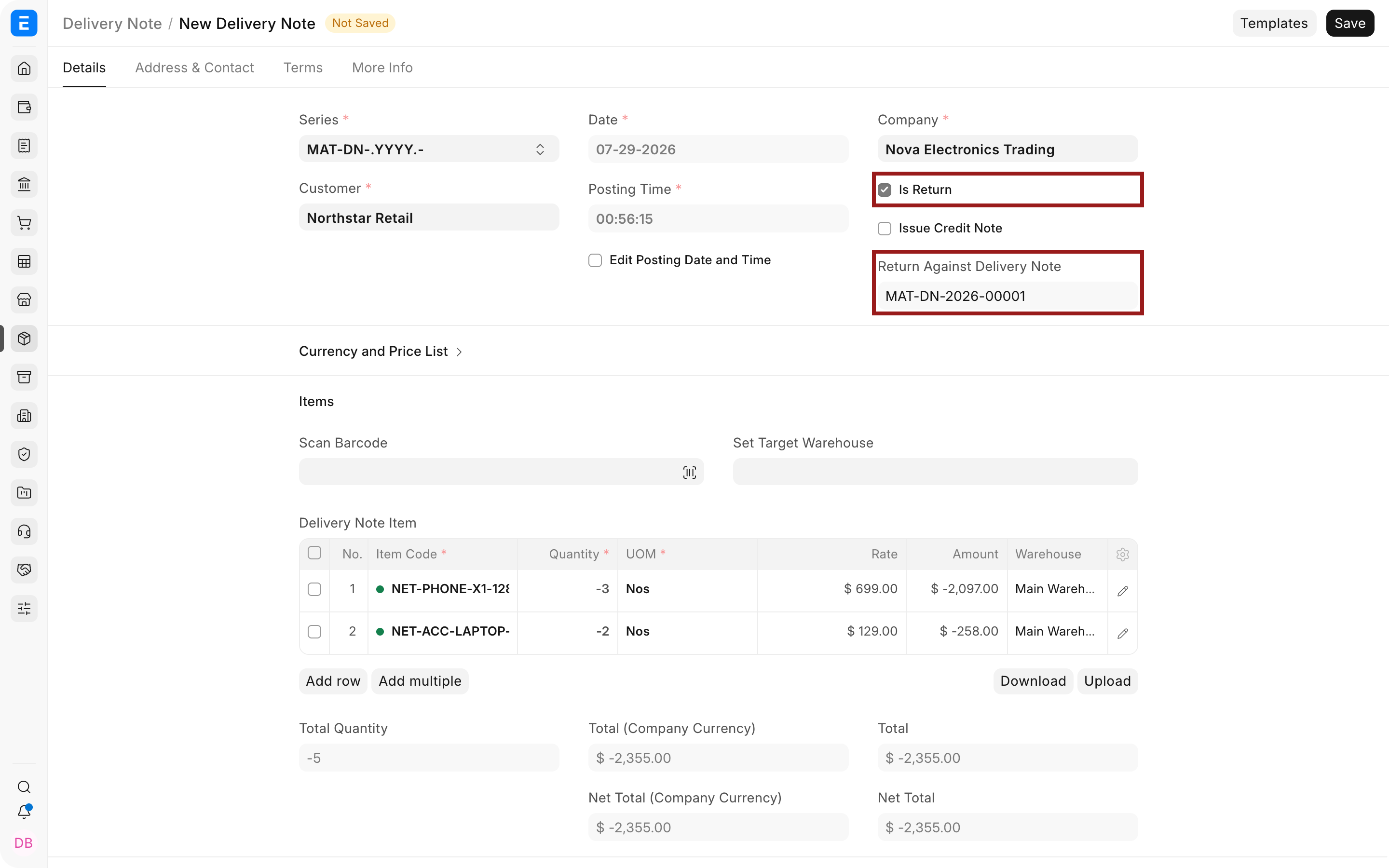 Return Delivery Note with Is Return and Return Against Delivery Note highlighted.
