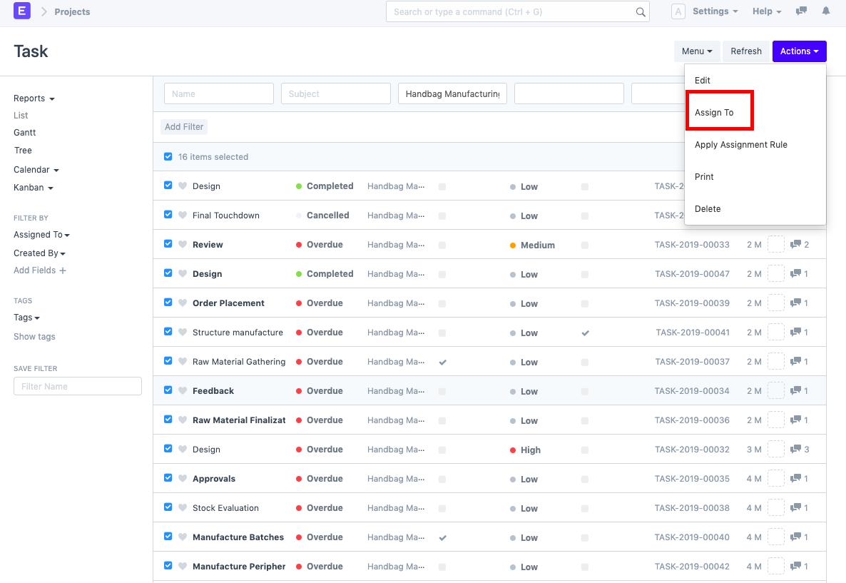 ภาพประกอบ Bulk Assign Tasks in a Project จาก ERPNext