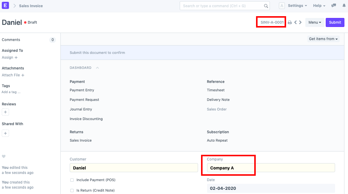 ภาพประกอบ Company-wise Naming Series จาก ERPNext