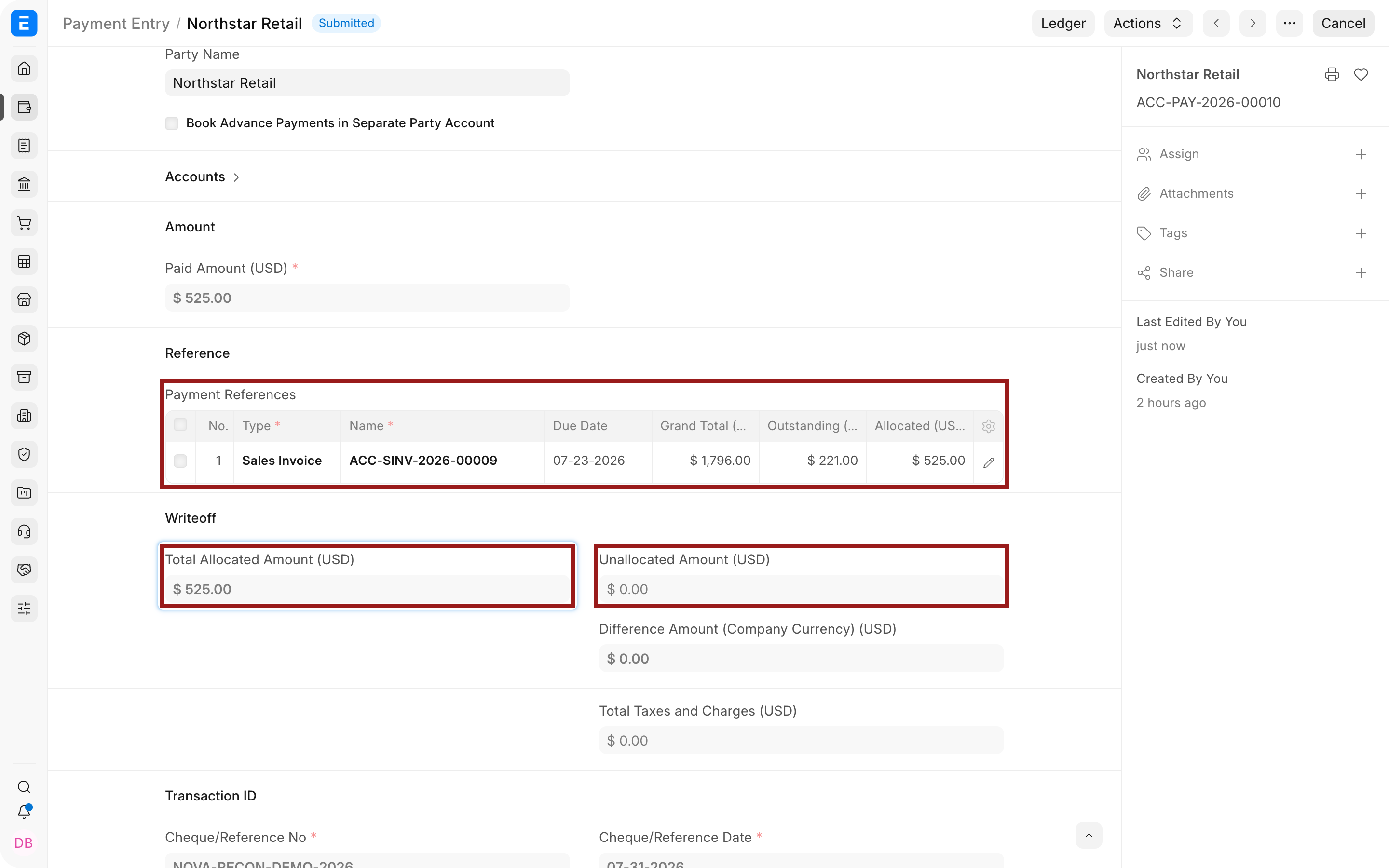 Payment Entry showing 525 allocated to the Sales Invoice after reconciliation