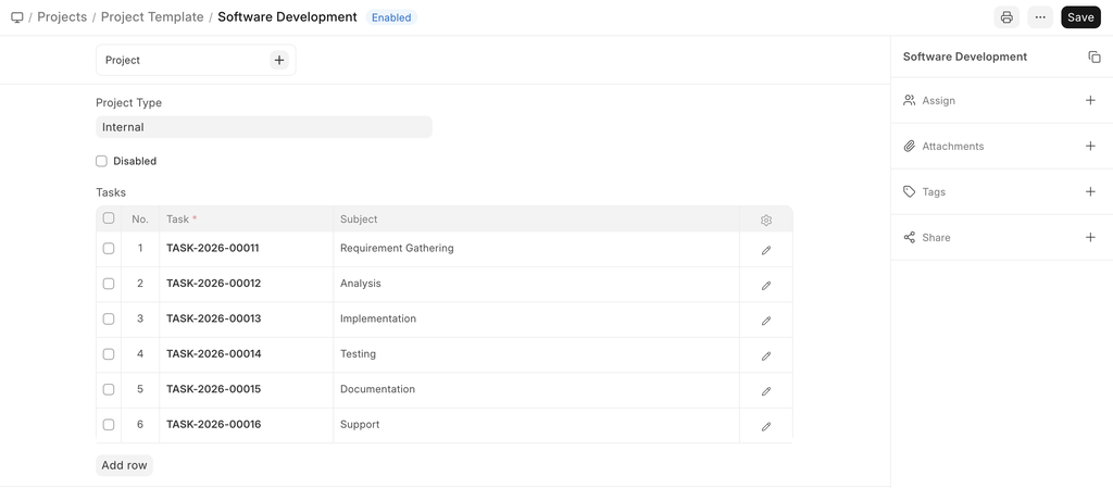 ภาพประกอบ Project Template จาก ERPNext