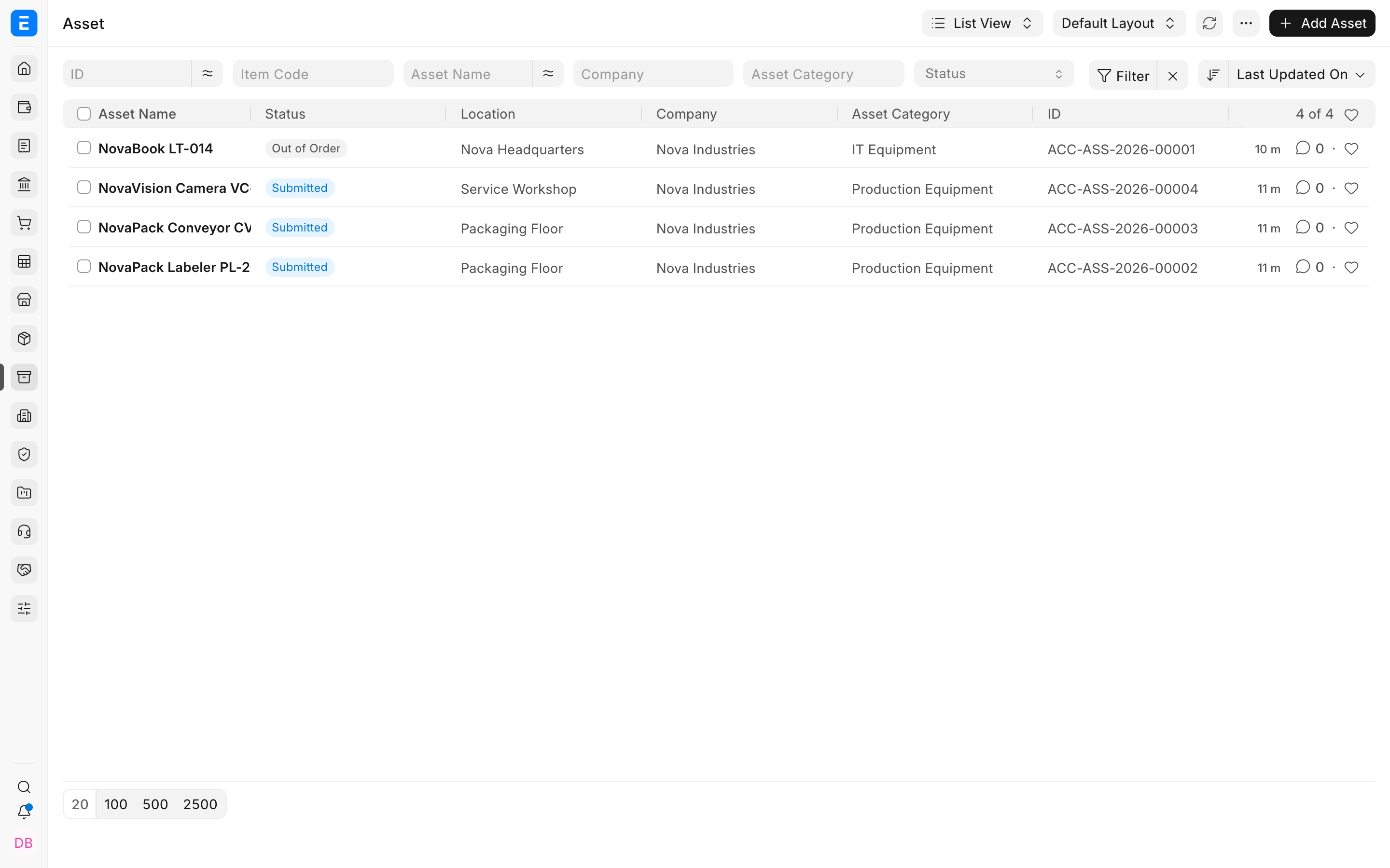Asset statuses in the ERPNext list view