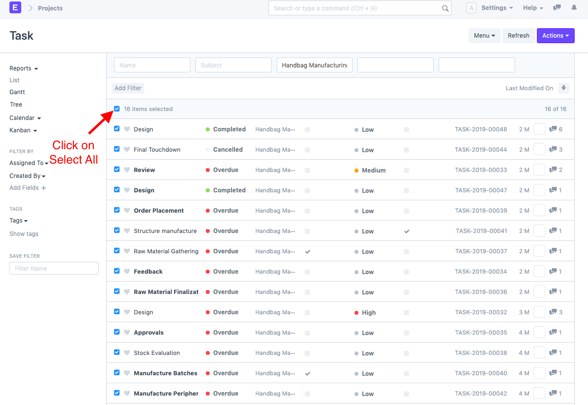 ภาพประกอบ Bulk Assign Tasks in a Project จาก ERPNext