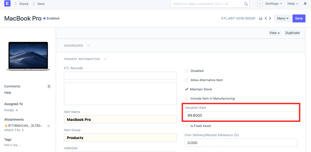 ภาพประกอบ Serialised Item Valuation Rate calculation จาก ERPNext