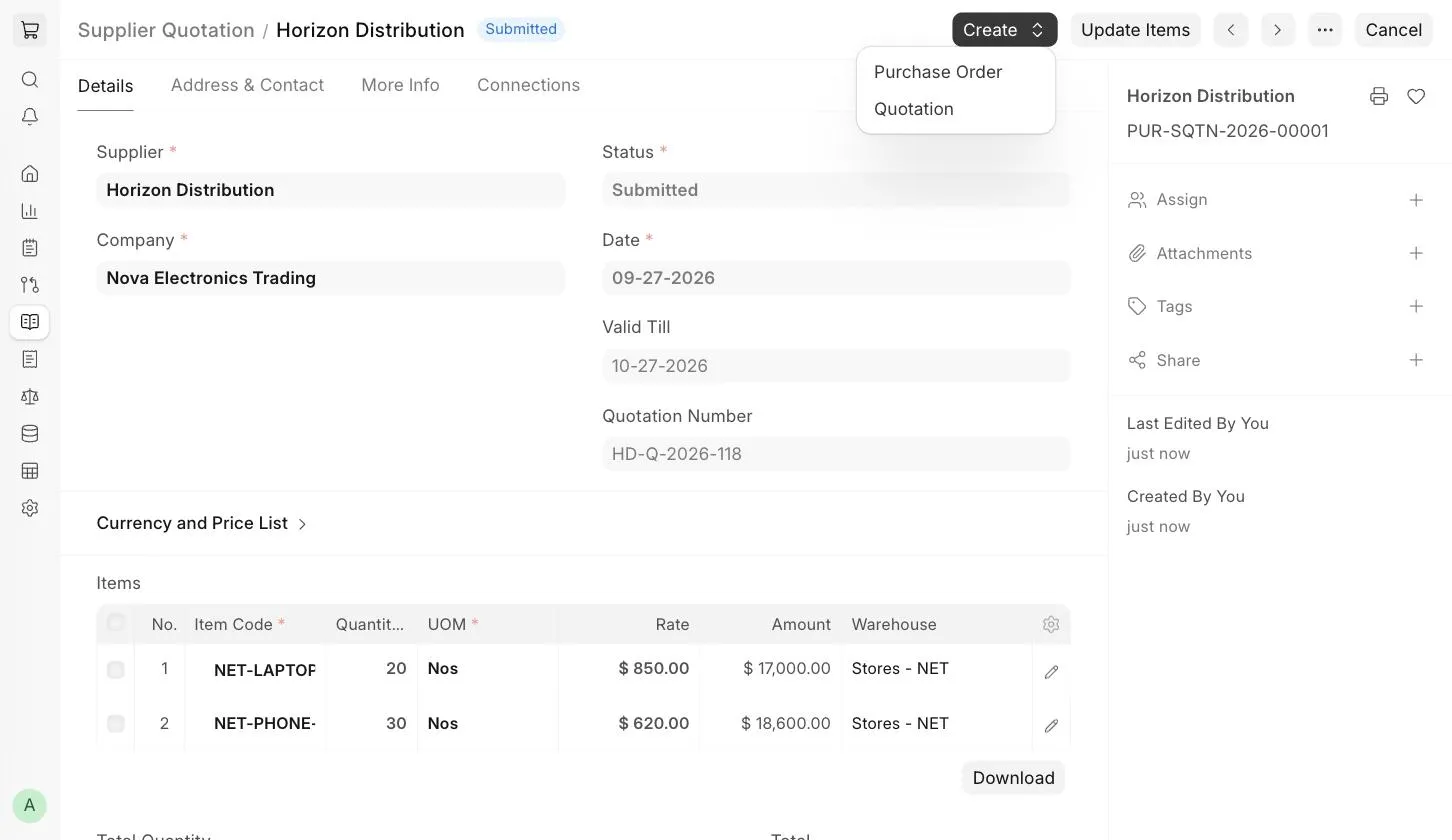 Create menu of Supplier Quotation