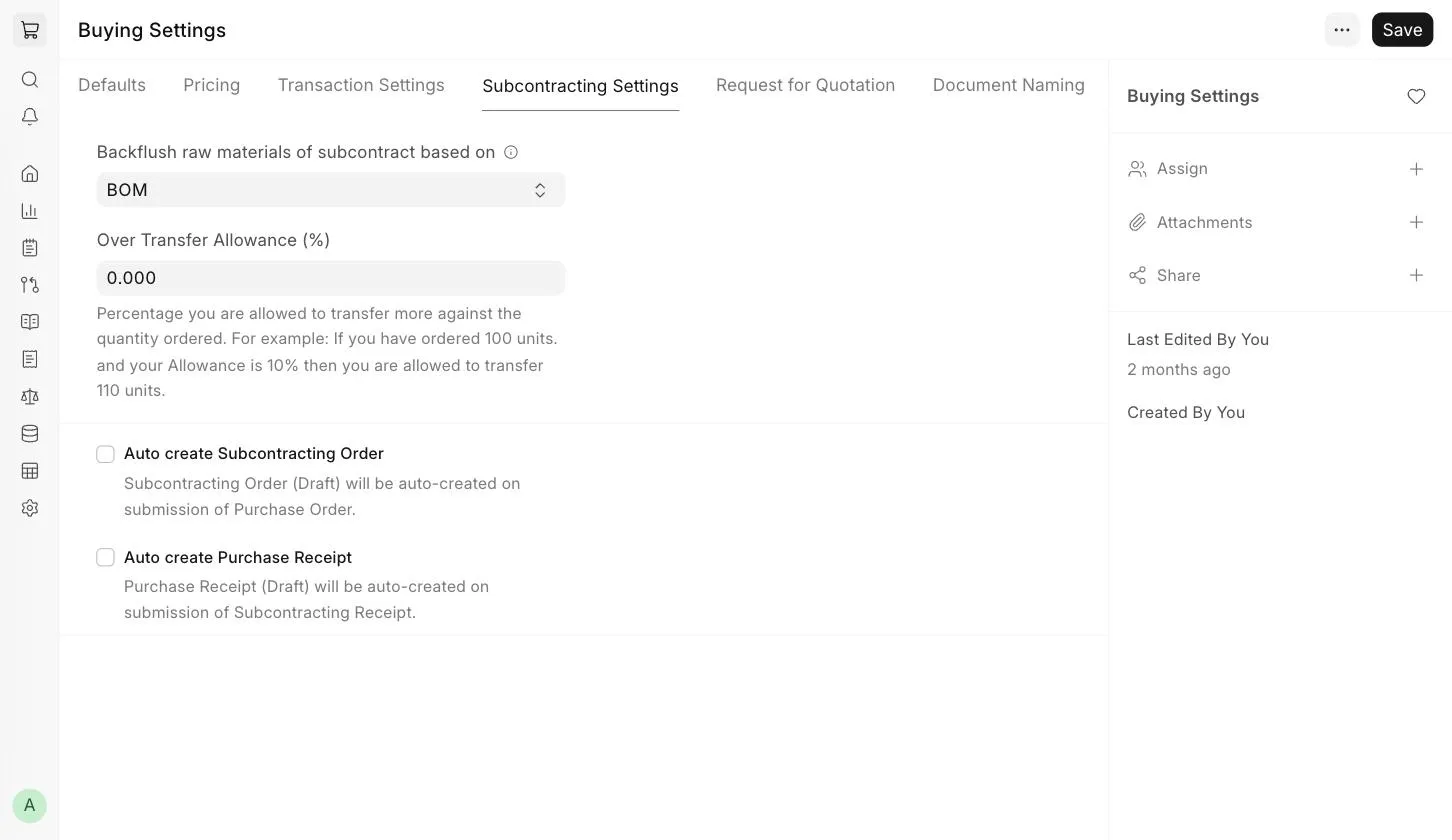 Buying Settings - Subcontracting Settings tab