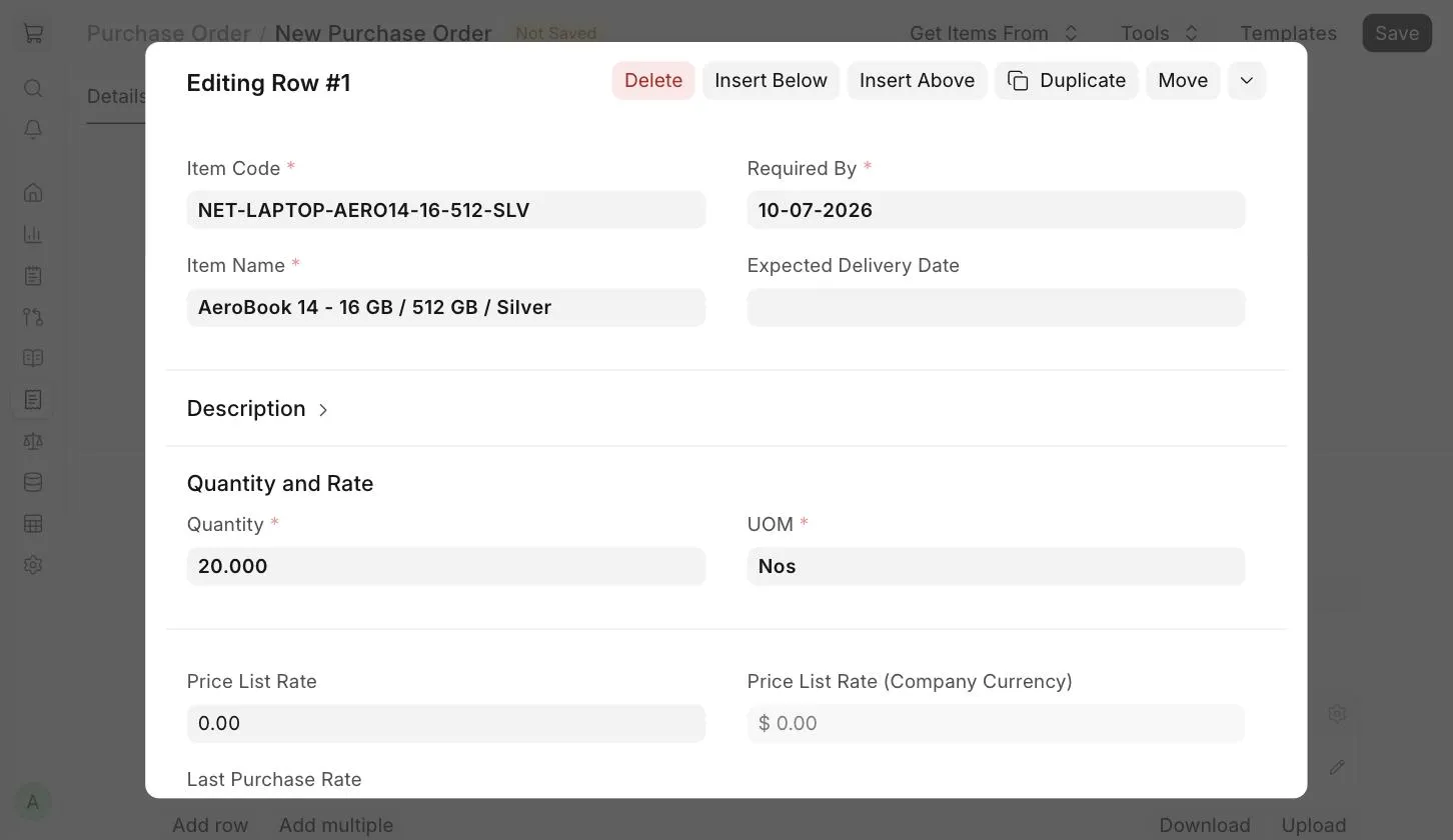 Purchase Order Item row