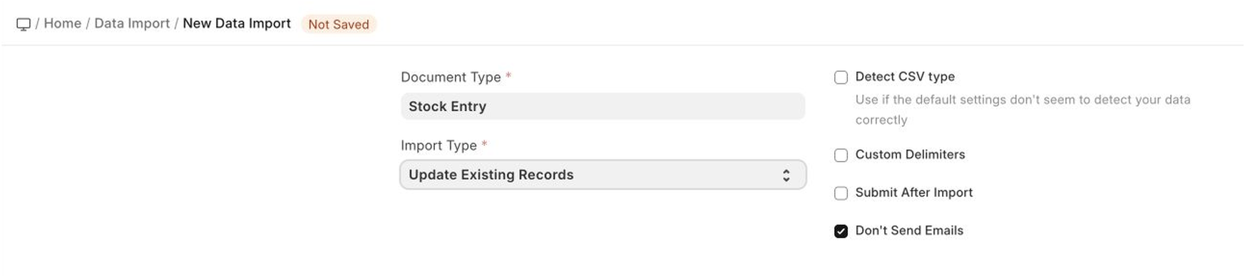Data Import form with Update Existing Records selected