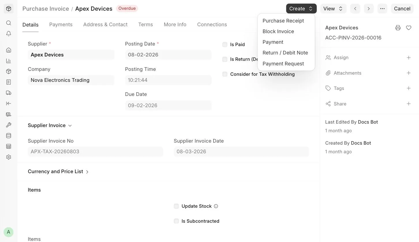 Create Return / Debit Note from Purchase Invoice