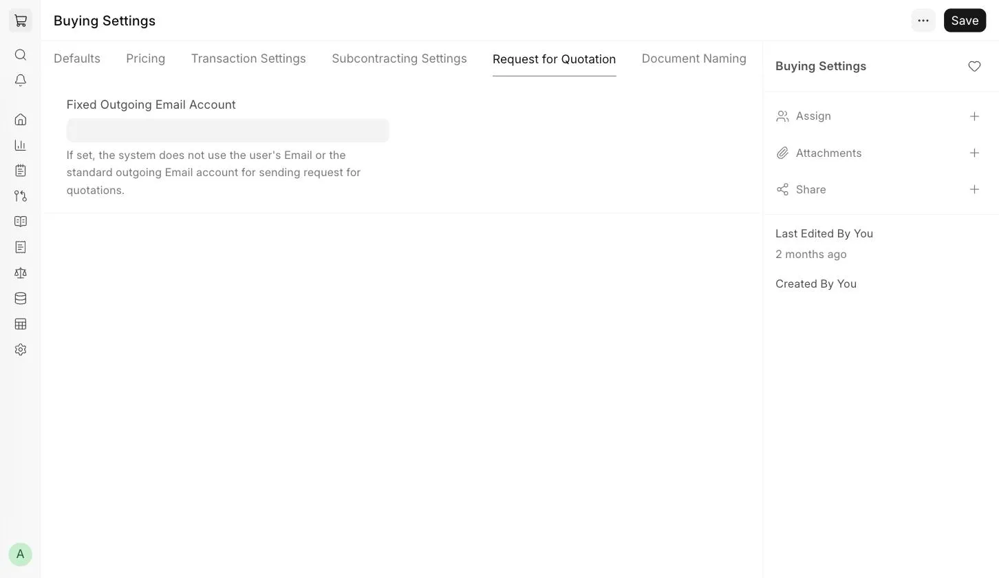 Buying Settings - Request for Quotation tab
