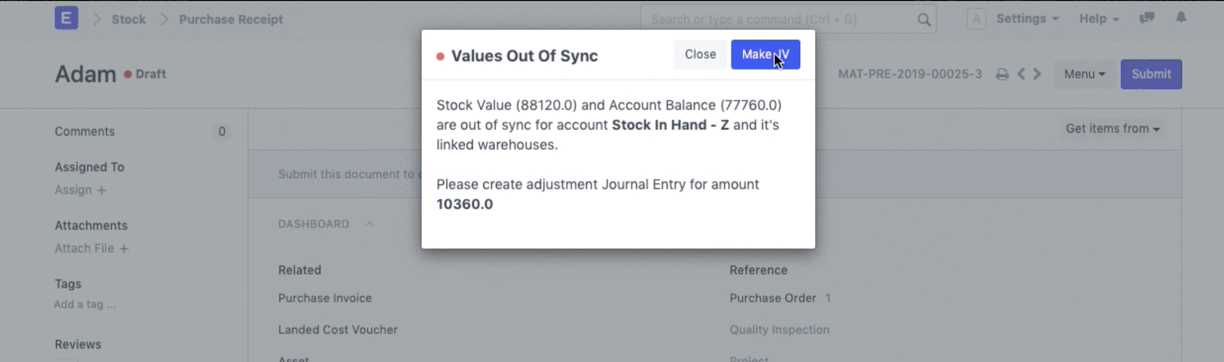 Value out of sync validation message in ERPNext