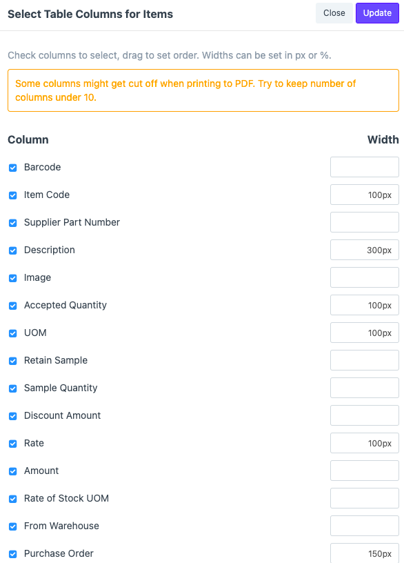 ภาพประกอบ Customize tables within your Print Format Builder จาก ERPNext