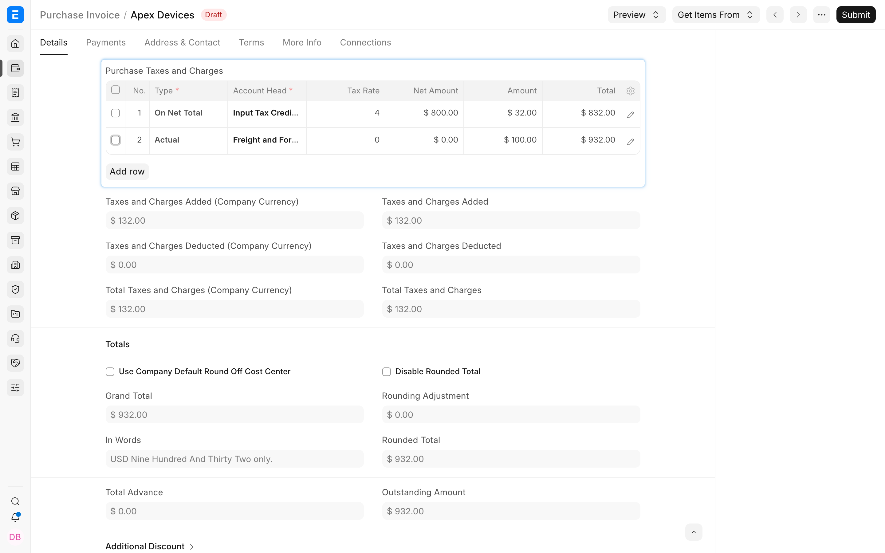 Purchase tax rows with freight included in valuation and total