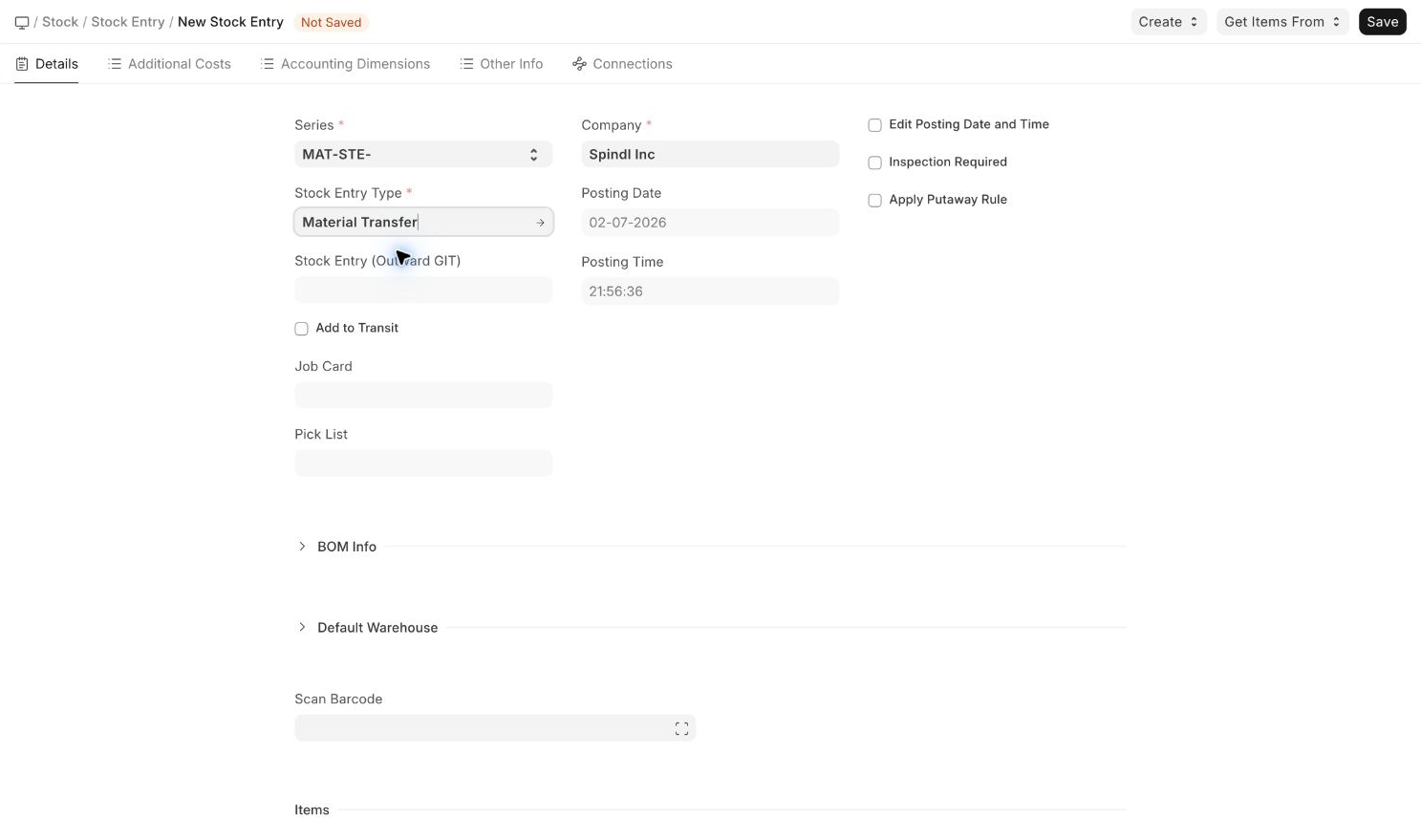 Material Transfer Stock Entry showing Goods in Transit fields at 150 percent zoom without sidebar