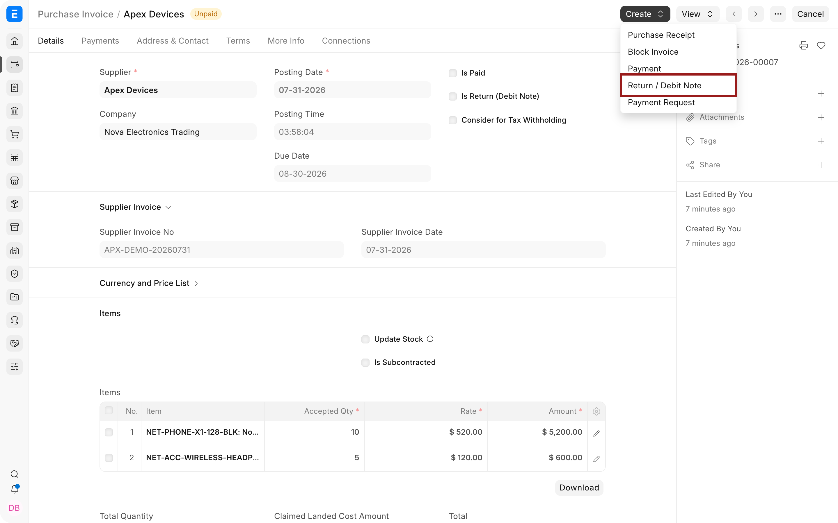 Return or Debit Note action on a submitted Purchase Invoice
