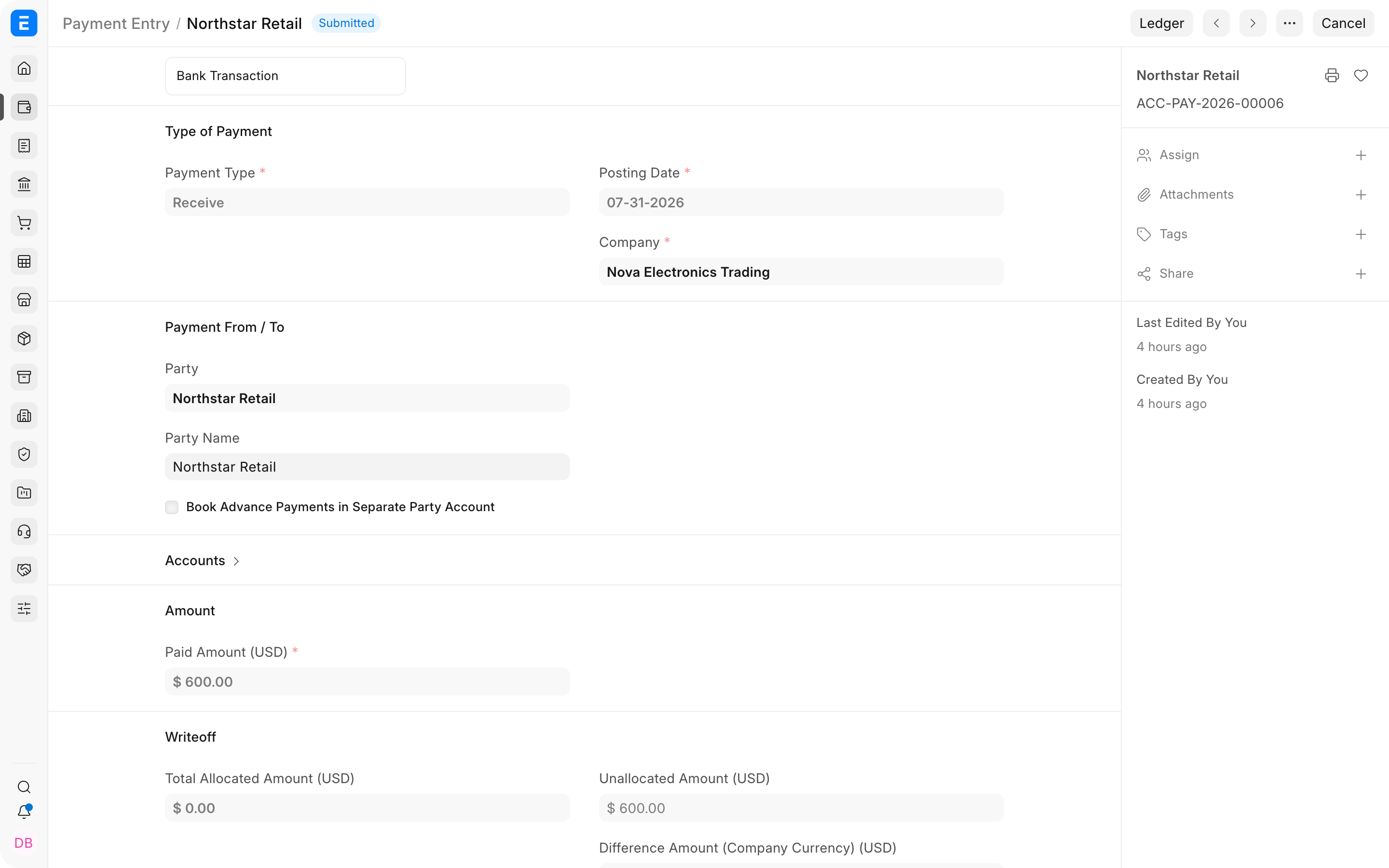 Post Dated Cheque Entry in ERPNext