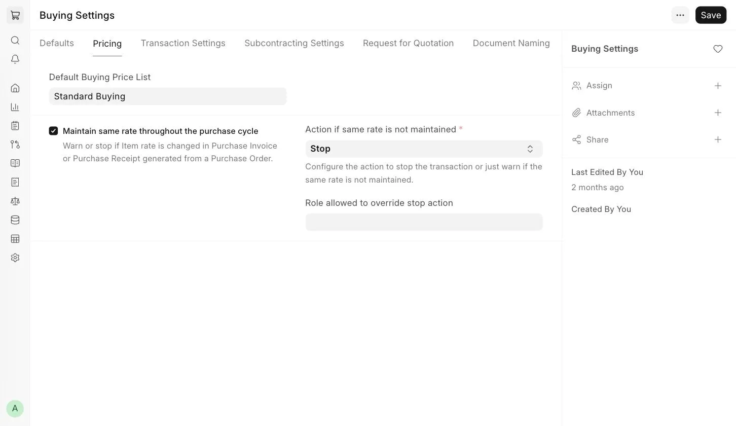 Buying Settings - Pricing tab