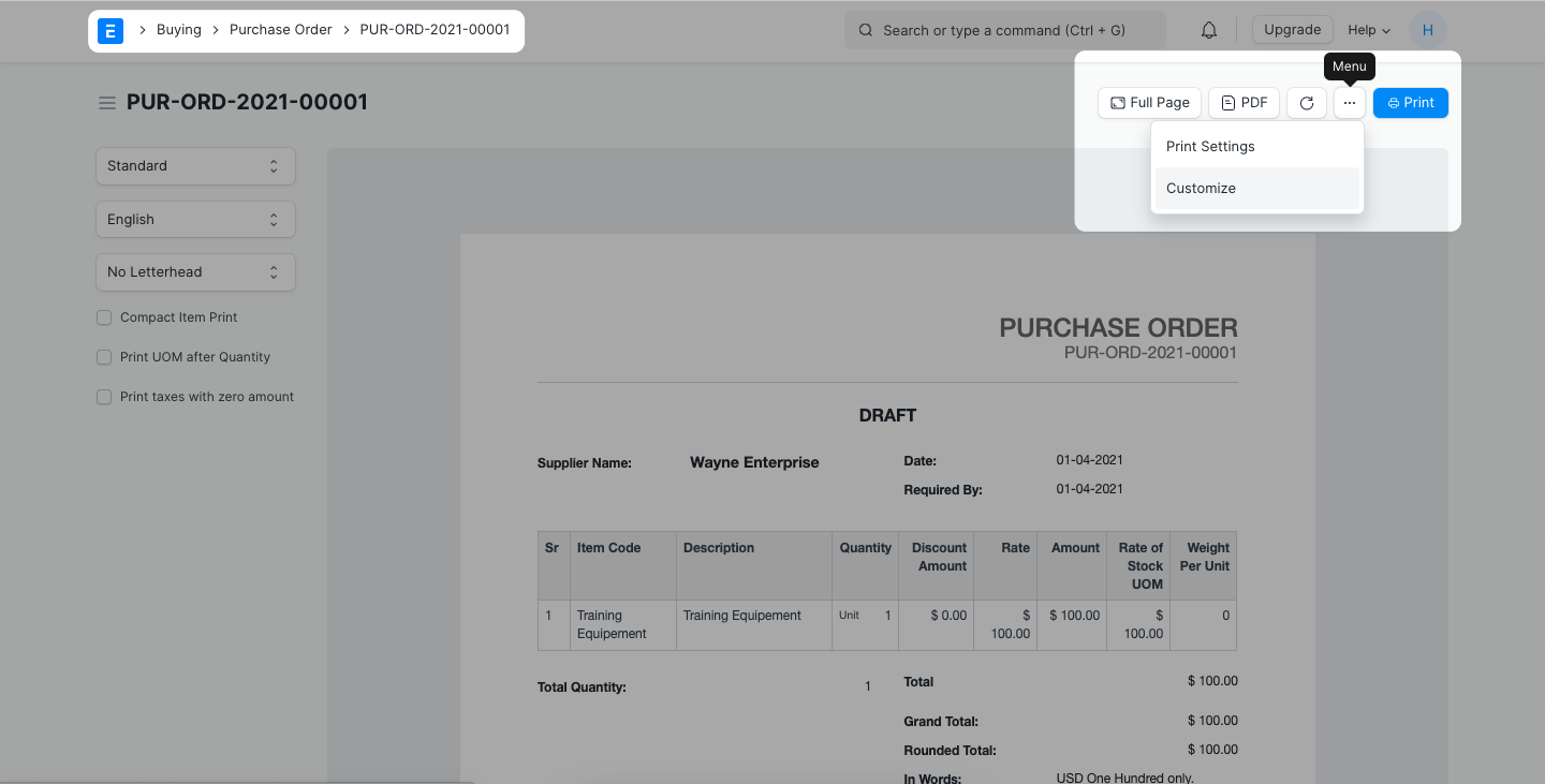 ภาพประกอบ Add/Remove Fields from Print Format จาก ERPNext