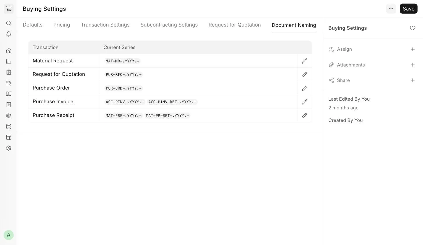 Buying Settings - Document Naming tab