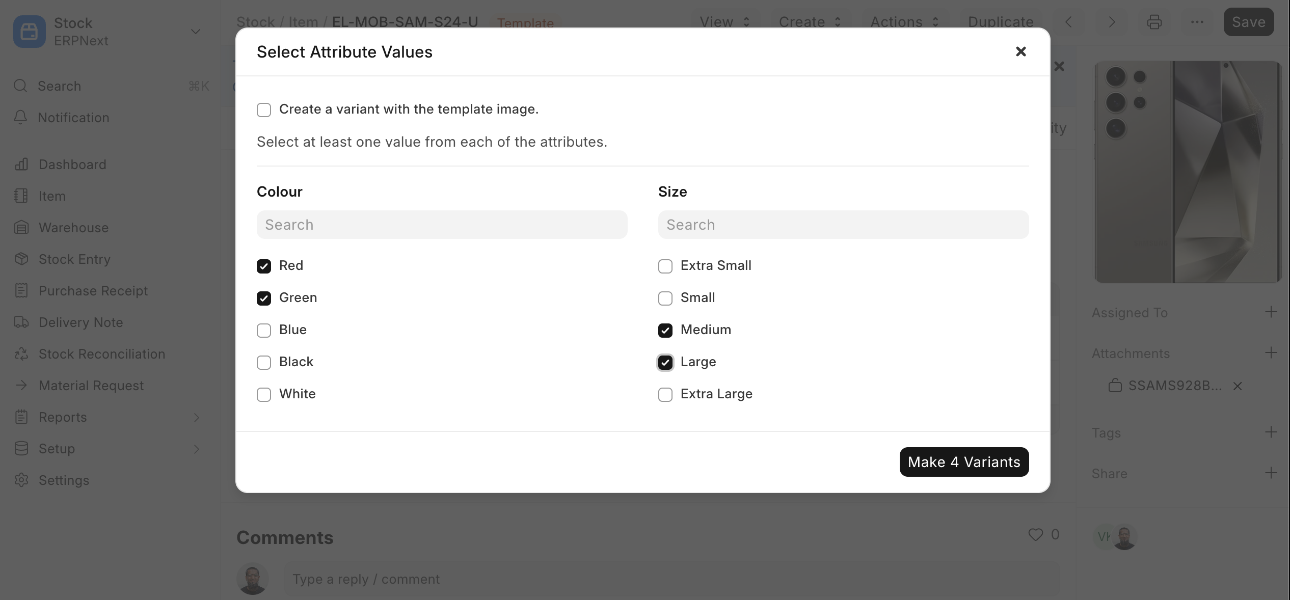 ภาพประกอบ Item Variants จาก ERPNext