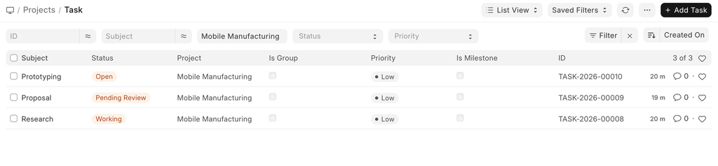 ภาพประกอบ Tasks จาก ERPNext