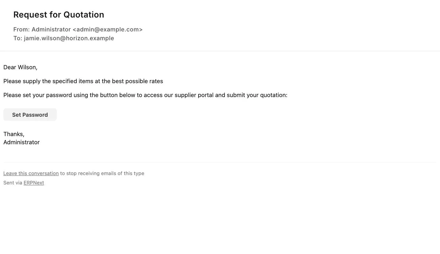 Supplier email with password update link