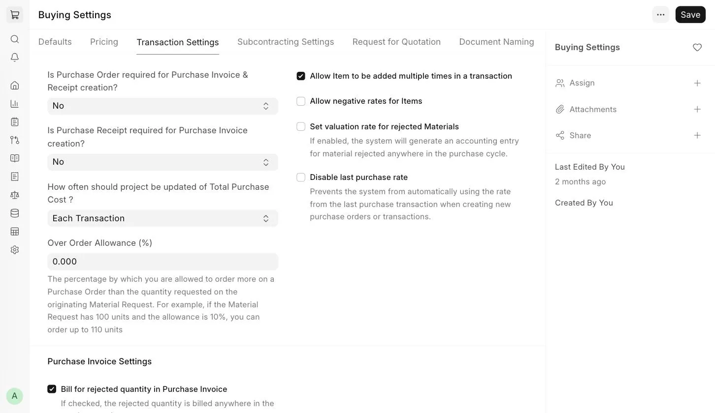Buying Settings - Transaction Settings tab