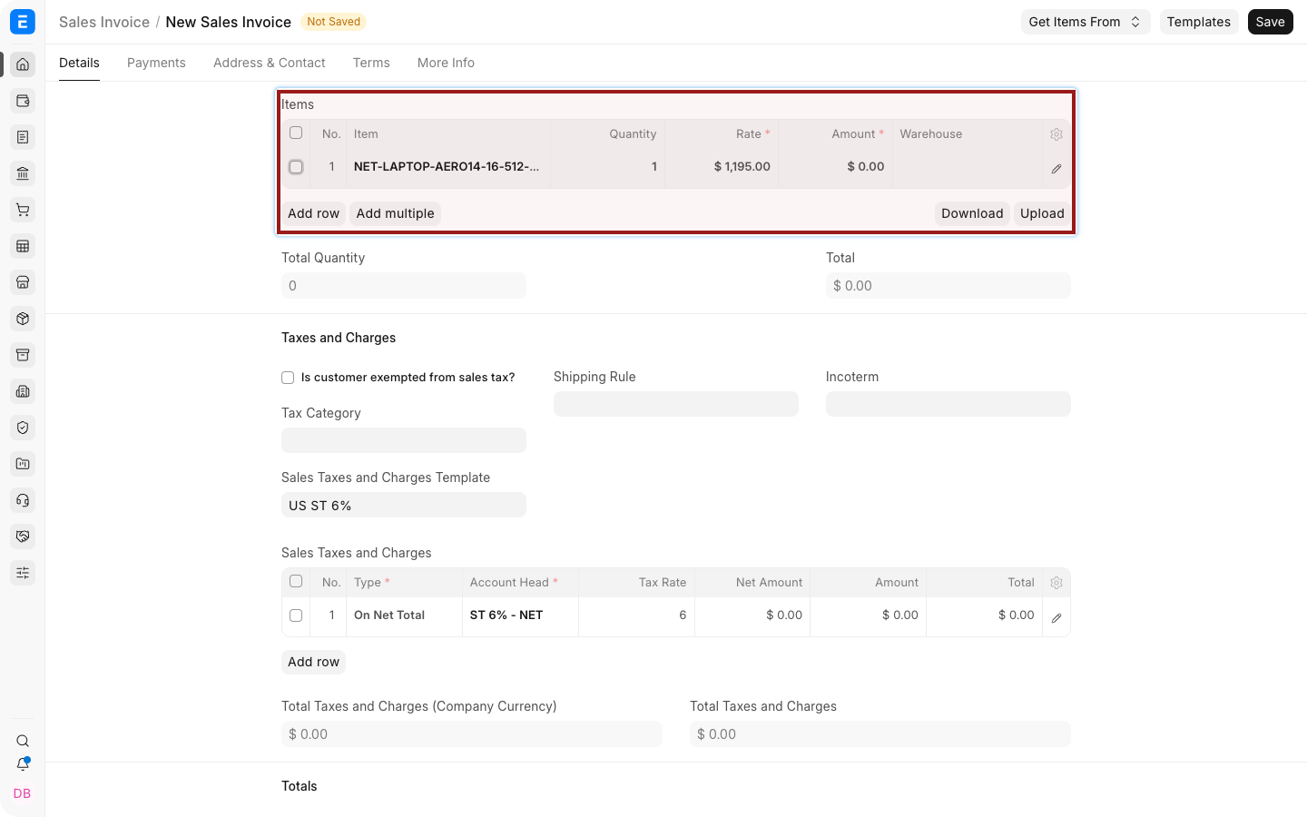 A mapped Sales Invoice item row with the Rate field highlighted.