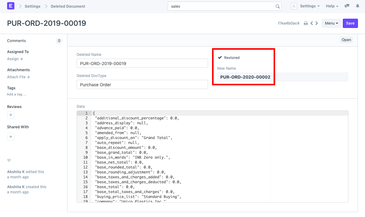 ภาพประกอบ Restore Deleted Documents จาก ERPNext