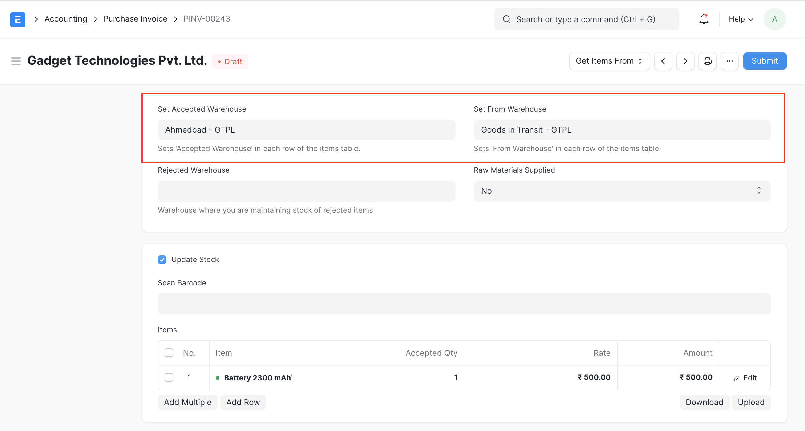 ภาพประกอบ Stock Transfer with GST จาก ERPNext