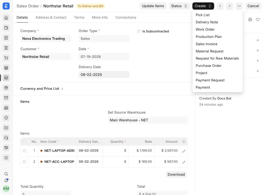 The Create menu on a submitted Sales Order showing available fulfillment, billing, procurement, and production documents.