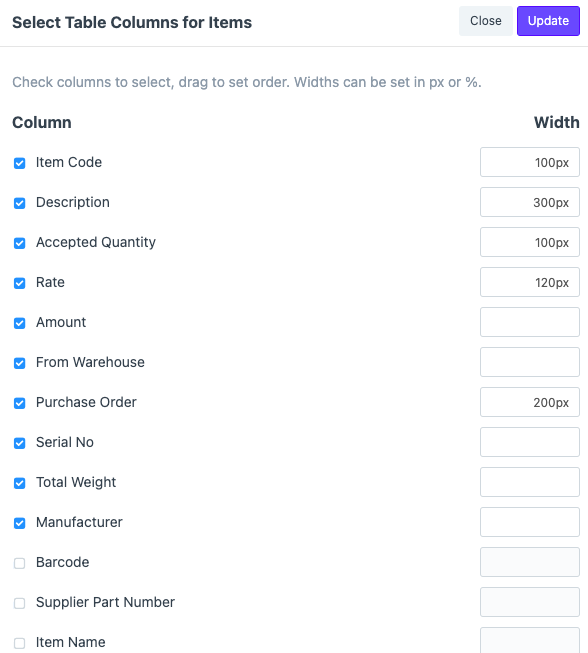 ภาพประกอบ Customize tables within your Print Format Builder จาก ERPNext