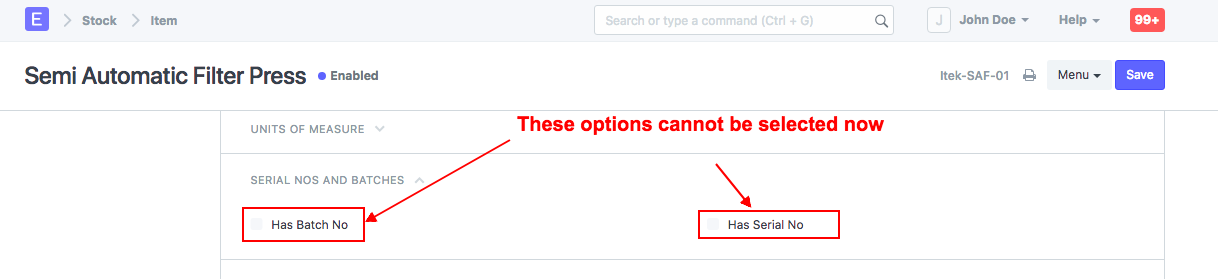 ภาพประกอบ Cannot enable Serial and Batch Number จาก ERPNext