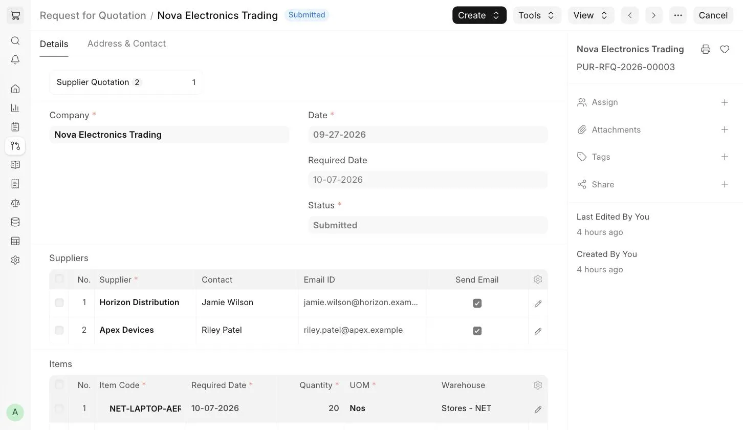 Supplier Quotation linked to the Request for Quotation