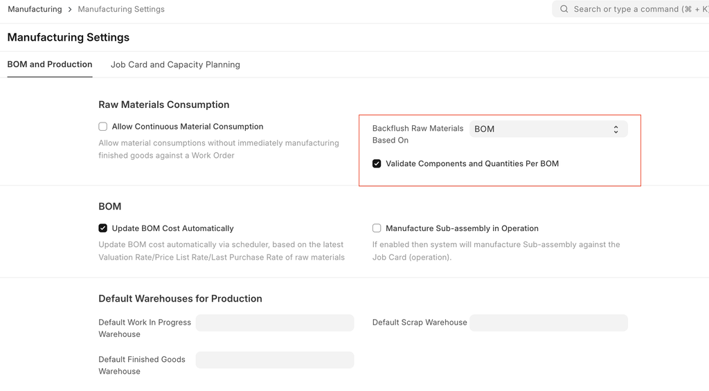 ภาพประกอบ Manufacturing Settings จาก ERPNext
