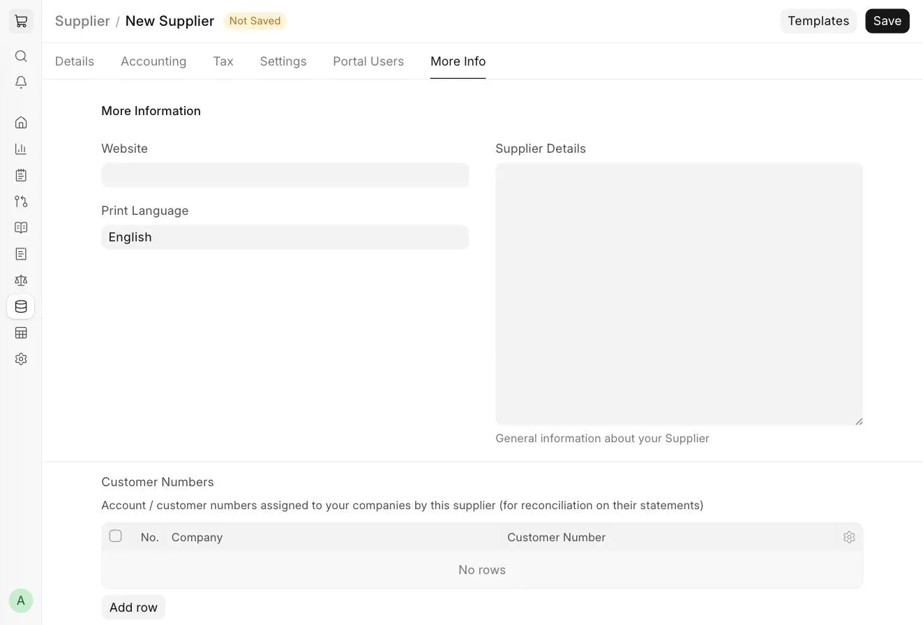 Supplier More Info tab