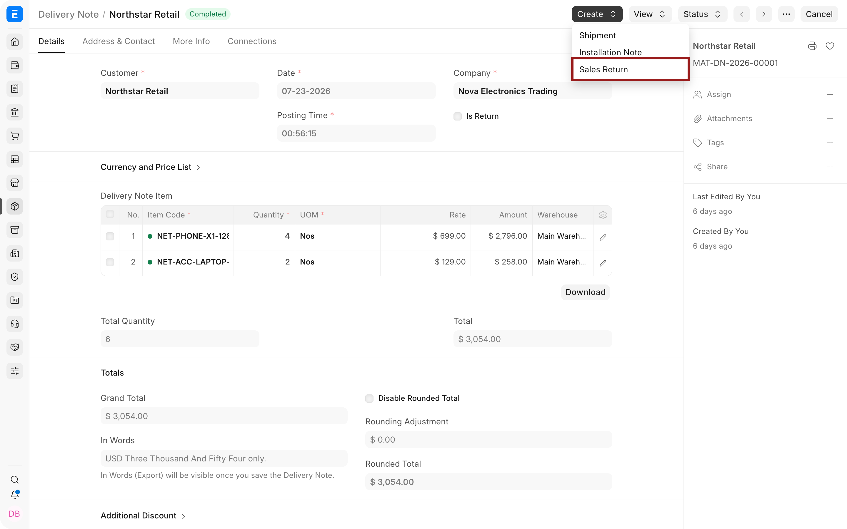 Create menu with Sales Return highlighted.