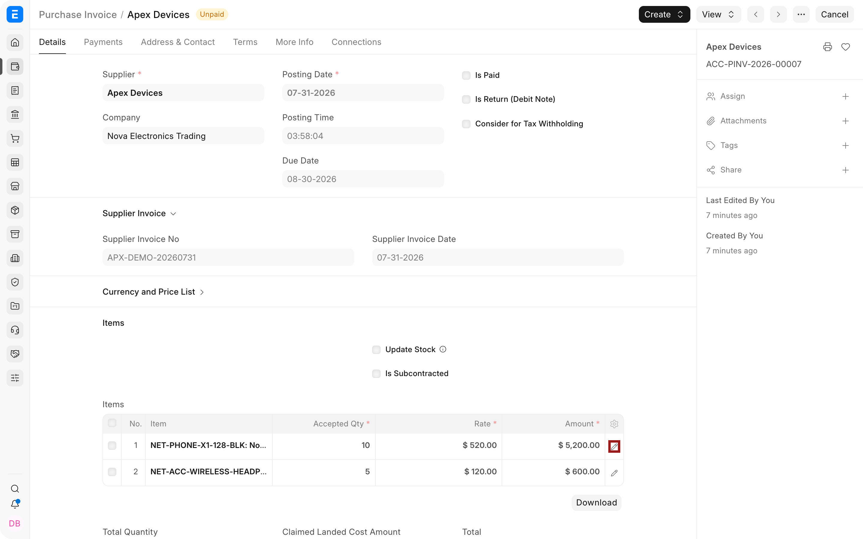 Purchase Invoice Items table with the row pencil highlighted
